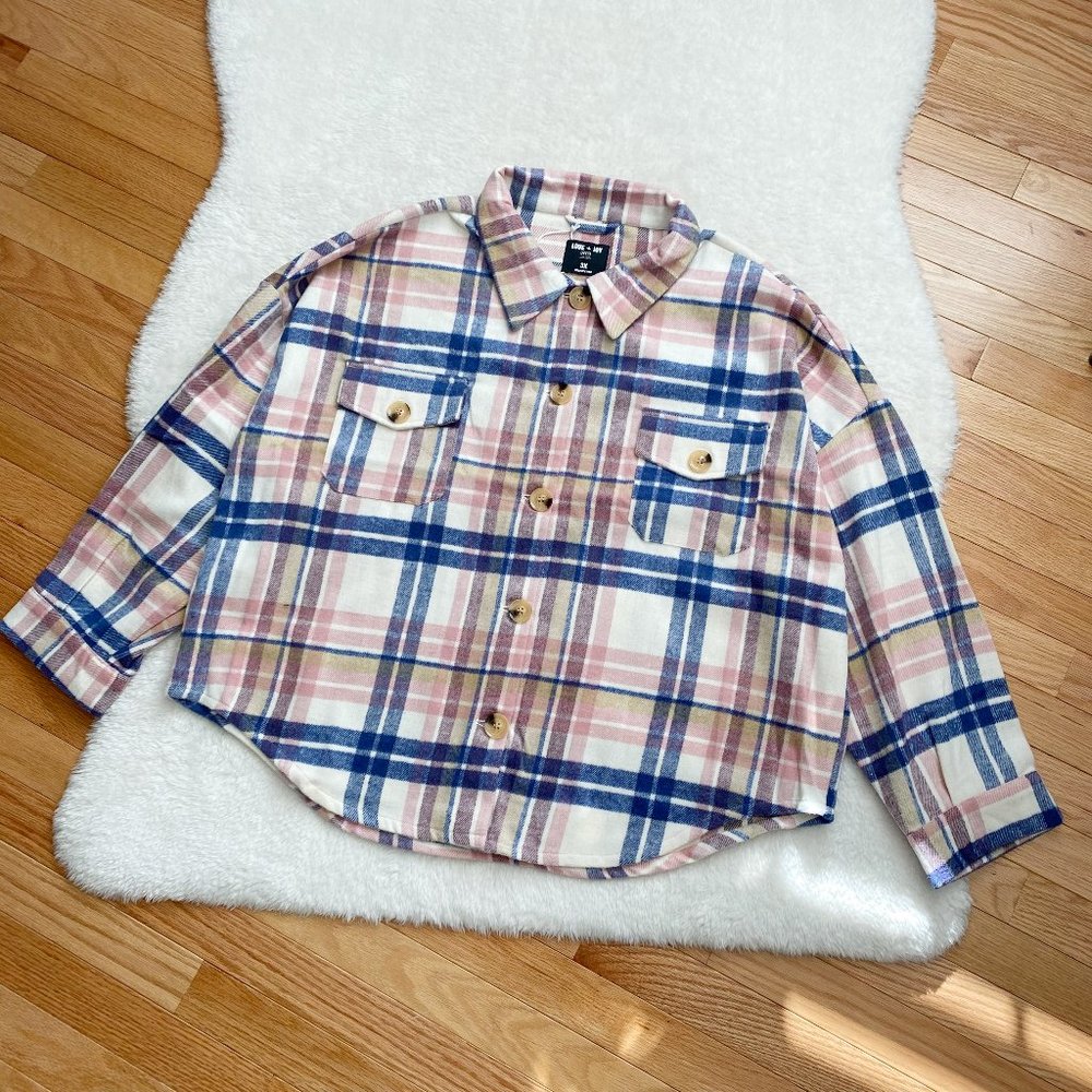 Women's Flannel Shirt Jacket, Button Dawn, Pink Plaid, Chest Pockets, Size 3X